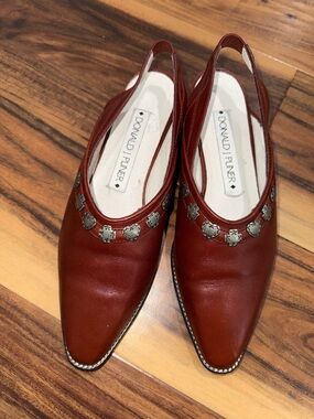 Donald J. Pliner Rust Red Leather Slingback Mules with Stud Trim